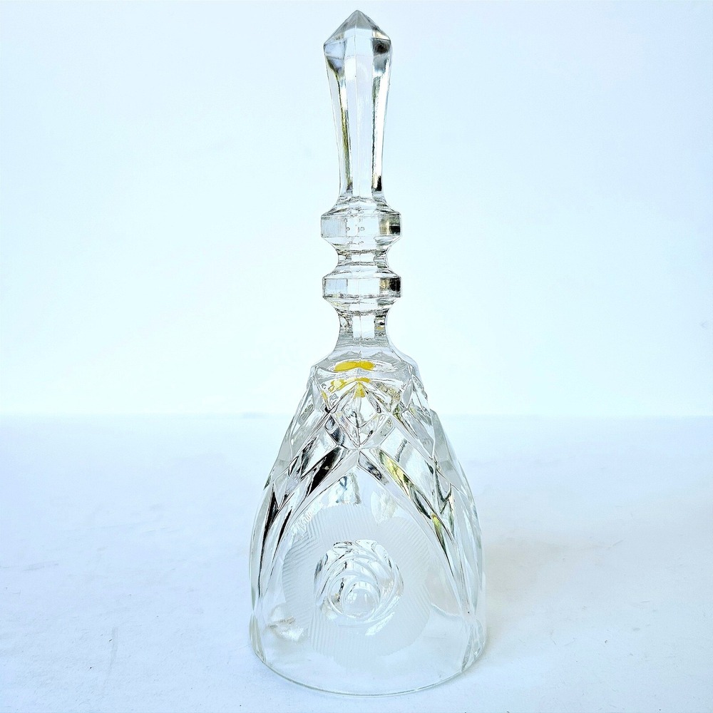 Vintage Lead Crystal Hand Bell Etched Rose Cut Glass Dinner Bell Collectible